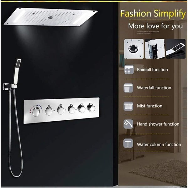Multi-Function LED Rainfall, Rain Curtain, Mist, Massage Ceiling Showerhead 15"x28"