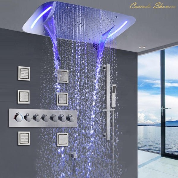 17"x28" Luxurious recessed waterfall & rainfall LED shower system and Sliding Bar - Cascada Showers