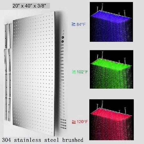 20"x40" Ceiling Mount Rainfall LED Shower Head, include Shower Arm - Cascada Showers
