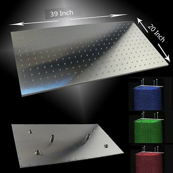 20"x40" Ceiling Mount Rainfall LED Shower Head, include Shower Arm - Cascada Showers