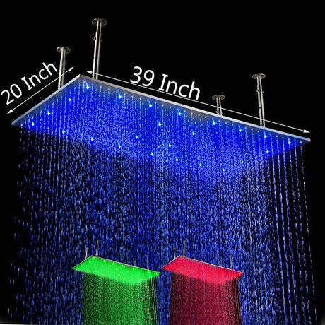20"x40" Ceiling Mount Rainfall LED Shower Head, include Shower Arm - Cascada Showers