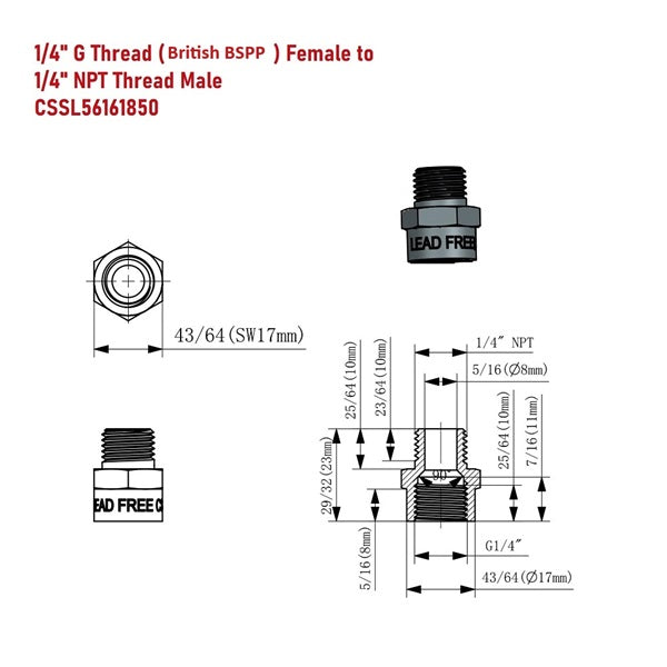 Technical drawing of a plumbing fitting with thread specifications and dimensions.