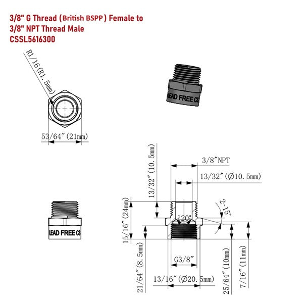 Technical drawing of plumbing thread fitting with dimensions and specifications.