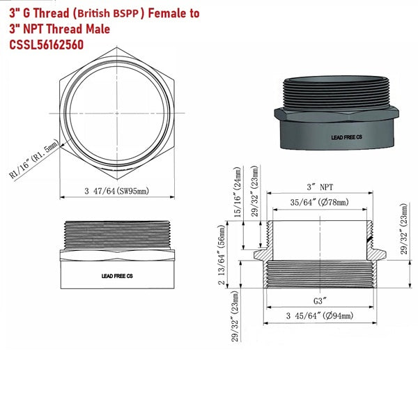 Technical drawing and diagram of a plumbing fitting with dimensions and specifications.