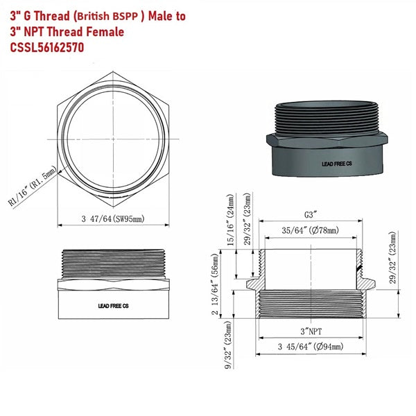 Technical diagram of a plumbing fitting with dimensions and thread details.