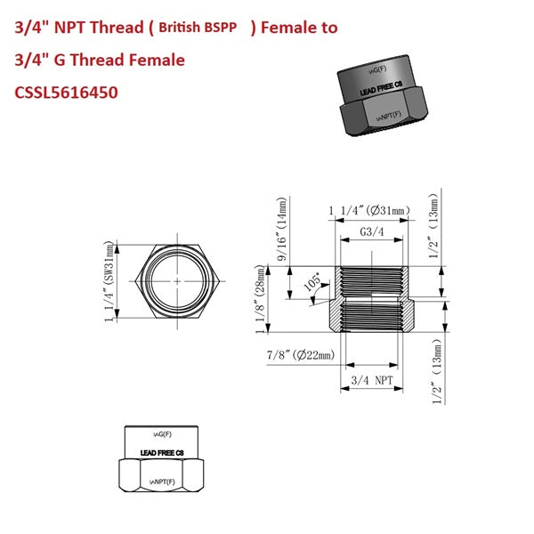 Technical drawing of a plumbing fitting with dimensions and specifications.
