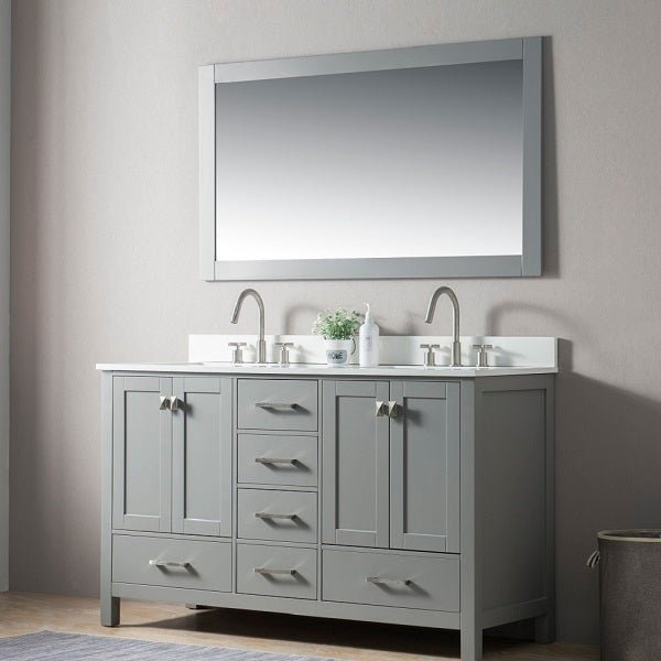 Freestanding 60-inch bathroom vanity with double sink and marble top