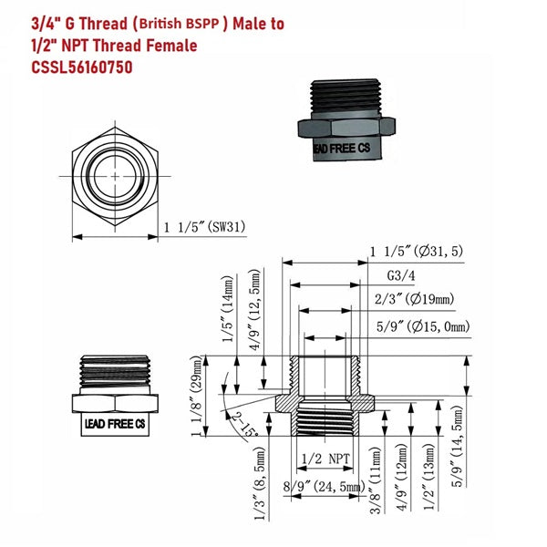 Technical drawing of plumbing fitting with dimensions and thread specifications.