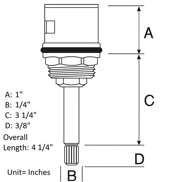 Dimensions of Cascada Showers diverter cartridge in inches