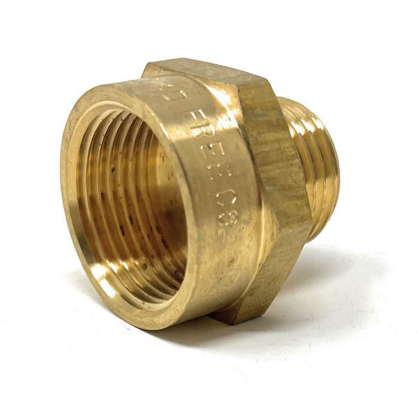 Cascada 1 inch BSPP to 1.25 inch NPT adapter in lead-free brass for plumbing use