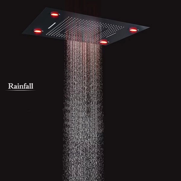 Cascada LED Shower Head in Rainfall Mode with Soft, Even Water Flow from Ceiling Mount