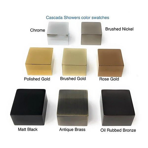 Cascada pop-up sink drain color options including chrome, matte black, gold, and more