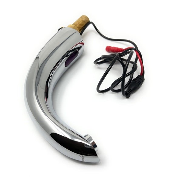 Side view of a curved chrome touchless faucet spout with brass mounting hardware and connected sensor wires.