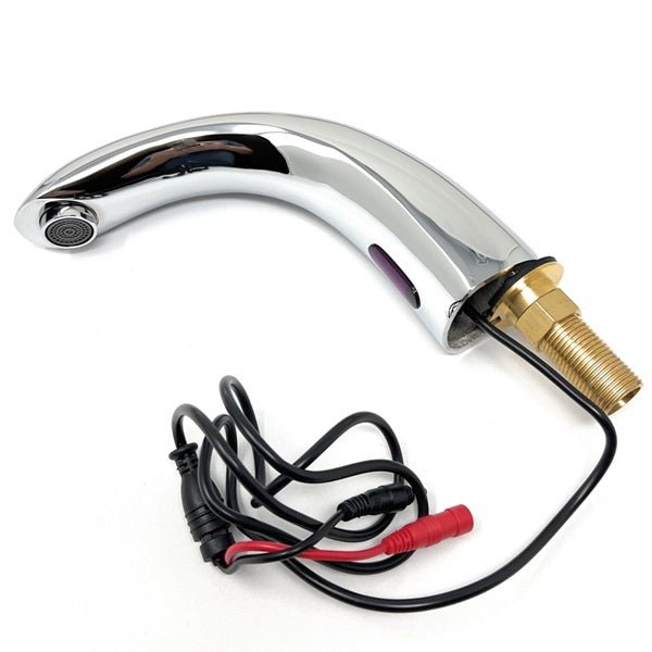 Shiny chrome automatic faucet spout with attached black and red sensor wires and a brass threaded base.