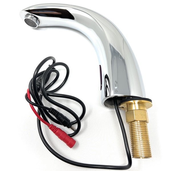 Shiny chrome automatic faucet spout with attached black and red sensor wires and a brass threaded base.