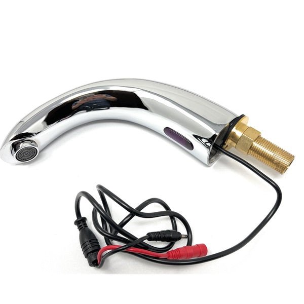 Shiny chrome automatic faucet spout with attached black and red sensor wires and a brass threaded base.