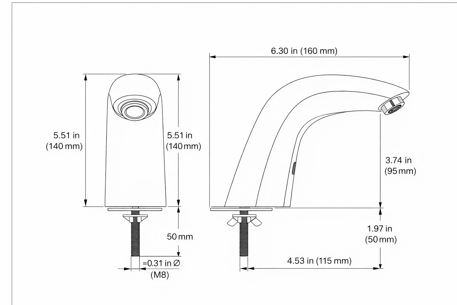 Technical drawing of a kitchen faucet with dimensions labeled