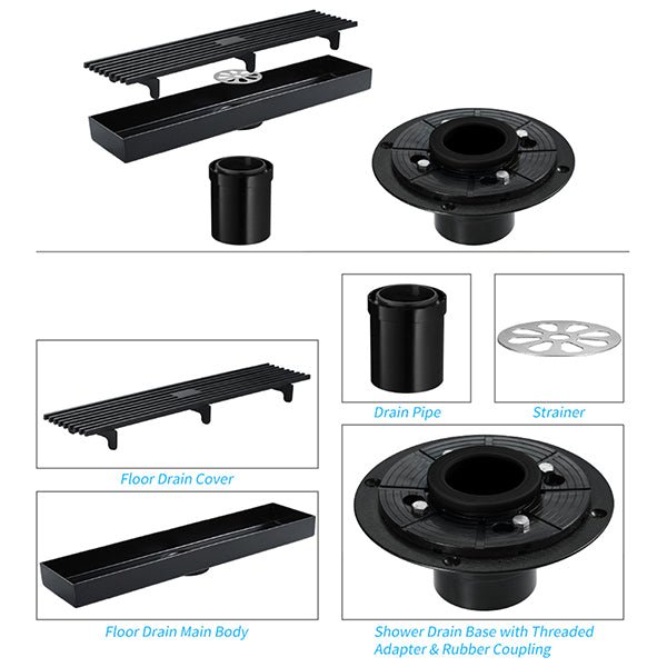 Cascada 12" Matte Black Linear Drain with detailed feature highlights and specifications