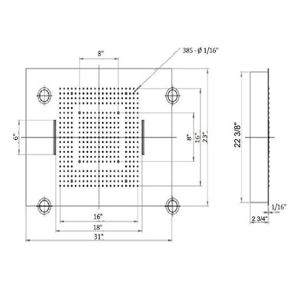 Cascada 23x31 Recessed LED Shower Head Dimensions Diagram in Inches for Ceiling Installation