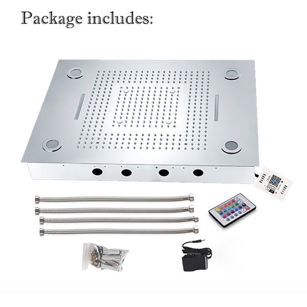 Cascada 23x31 LED Shower Head Full Package Contents with Accessories and Installation Kit