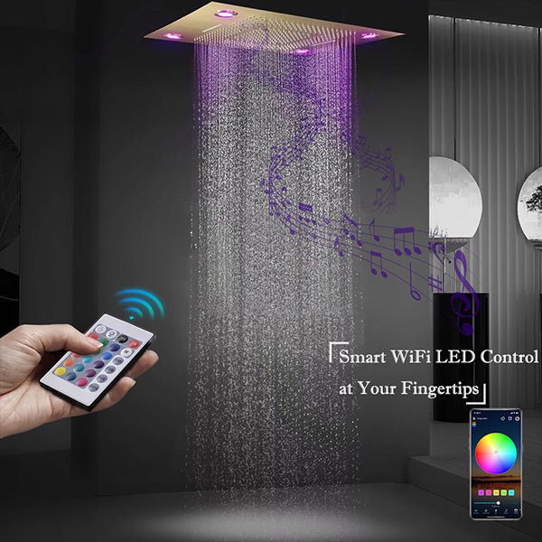 23x31 LED rainfall shower head in brushed gold finish