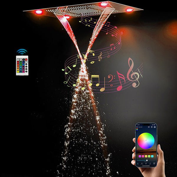 Ceiling-mounted LED shower head with color-changing lights on