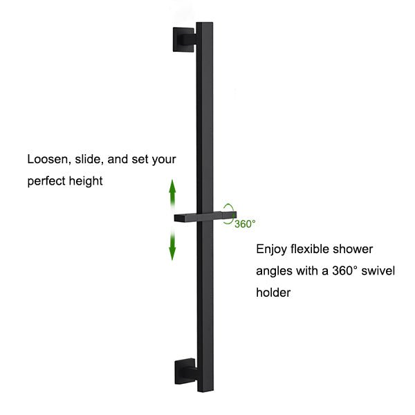 Matte black Cascada 26-inch 304 stainless steel with instructional text and green arrows showing how to loosen, slide, set height, and rotate 360 degrees for flexible shower angles.