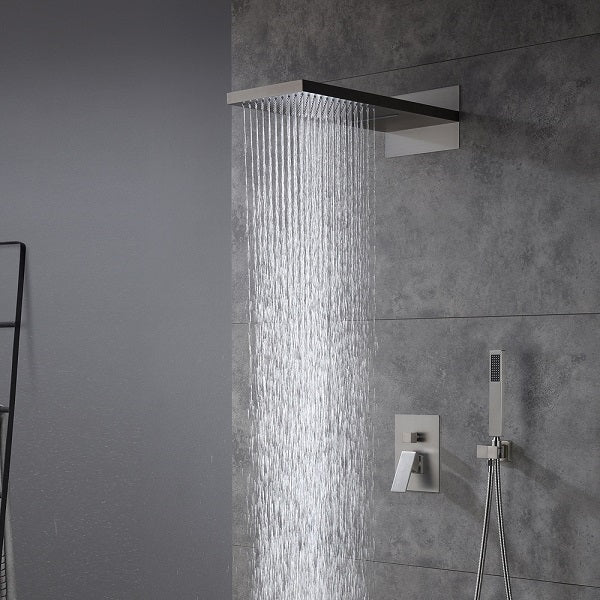 Brushed nickel wall mounted shower system with rainfall and waterfall head