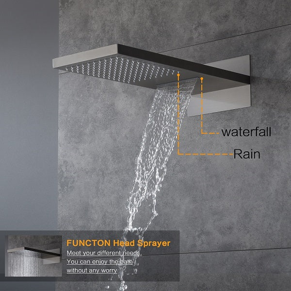 Dual-function shower head sprayer on a gray wall with water flowing.