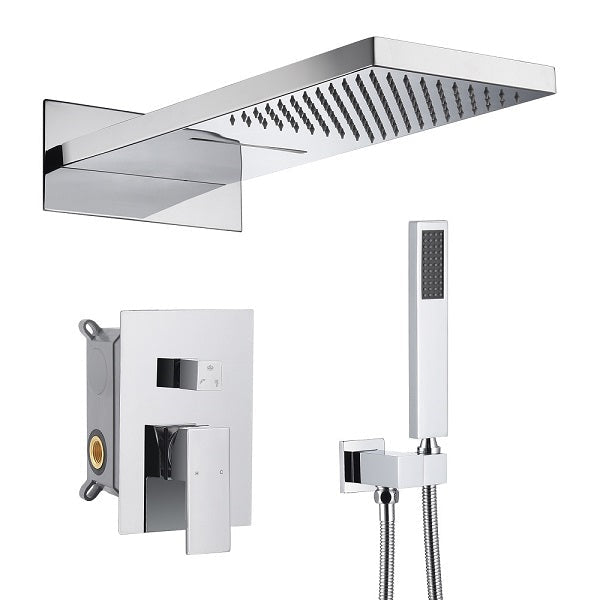 Rectangular top shower head showing rainfall and waterfall spray pattern