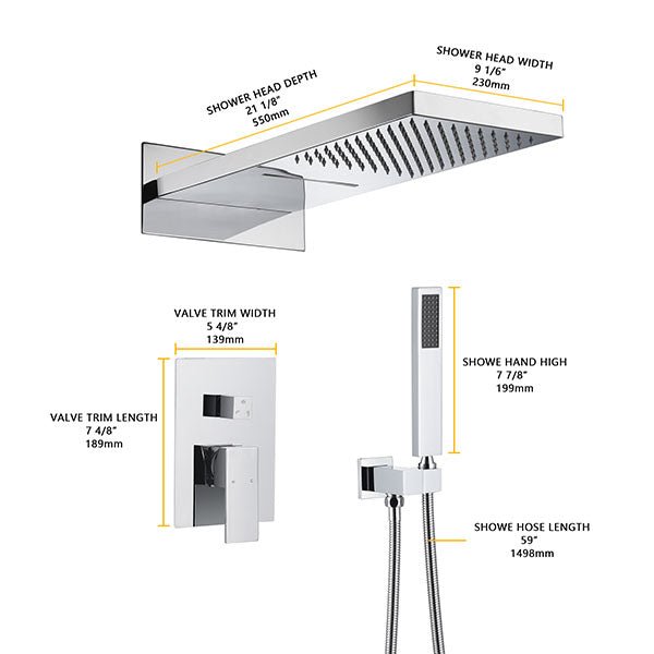 Top shower head size diagram showing 9x22 inch dimensions