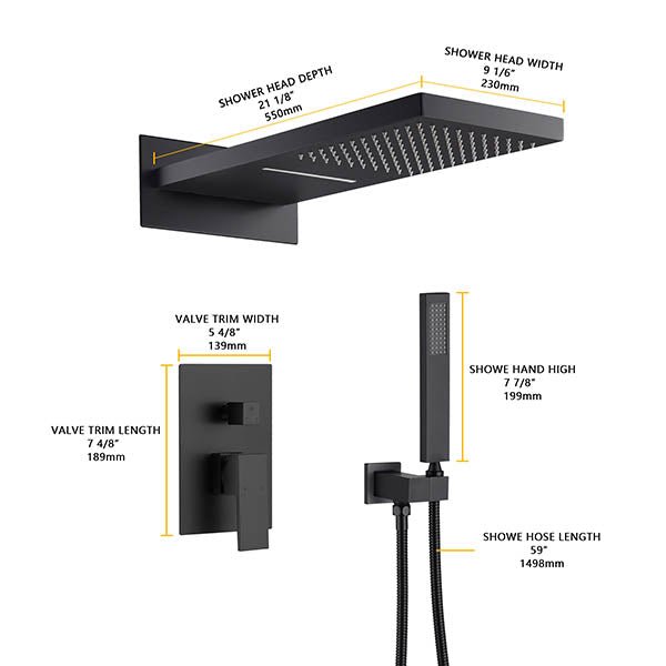 Cascada Amadora Black shower head and control valve set with measurements