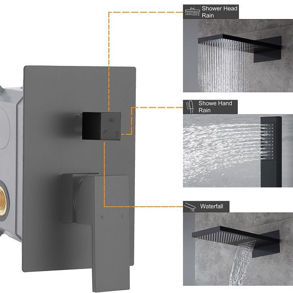 Cascada Black shower control panel with labeled shower head, hand shower, and waterfall functions.