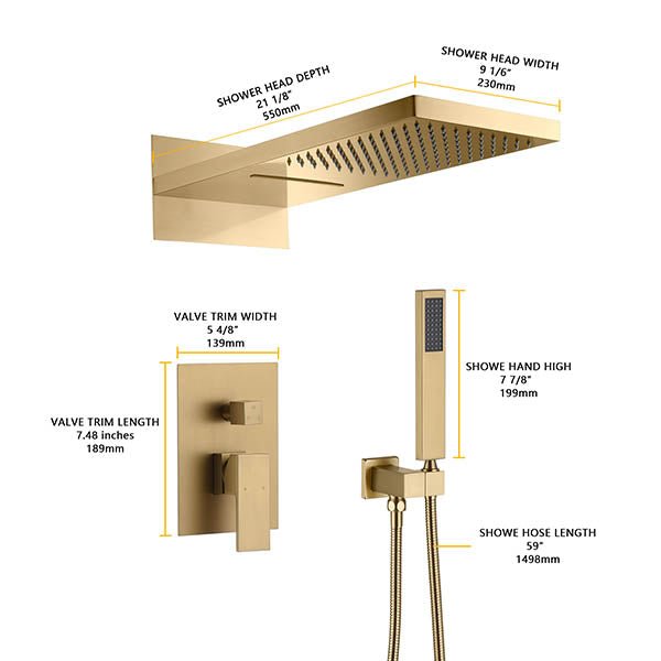 Shower system dimension diagram with measurements