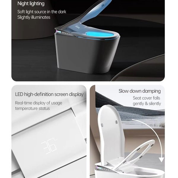 Smart toilet with night lighting, LED screen, and seat cover feature on a dark background.