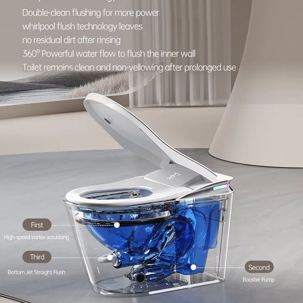 Modern toilet with flushing mechanism highlighted, set against a neutral background.