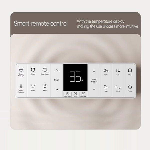Smart remote control panel with temperature display on a white background