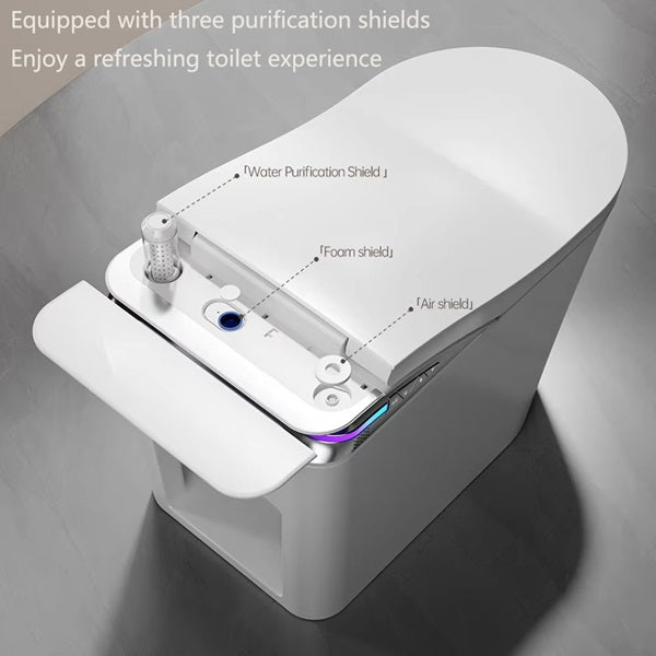 Smart toilet with purification shields on a gray background