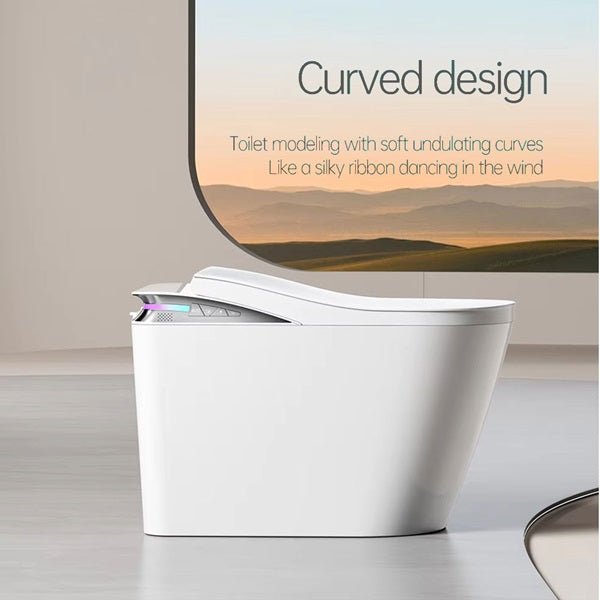 Modern white toilet with curved design against a scenic background