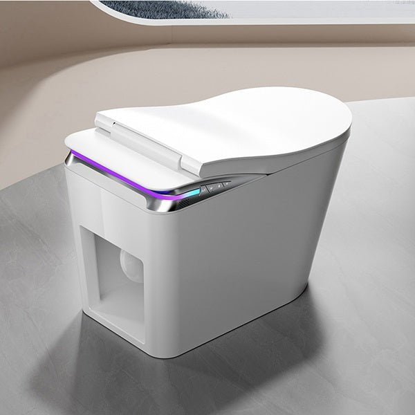 Modern toilet with a white seat and visible control panel on a reflective surface.
