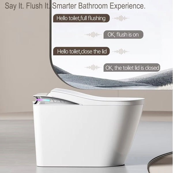 Smart toilet with voice control interface on a neutral background