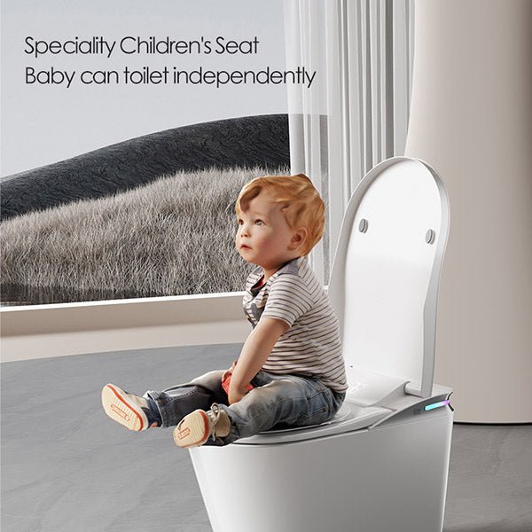 Child sitting on a speciality children's seat attached to a toilet with scenic view outside.