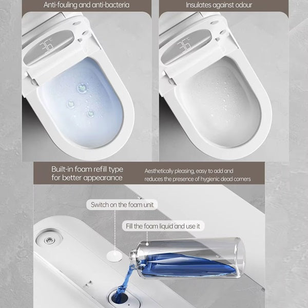 Diagram of a toilet seat with features highlighted on a gray background