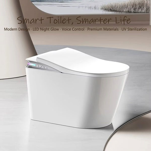 Smart toilet with features listed on a neutral background