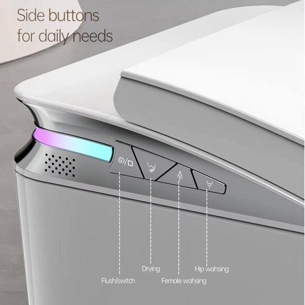 Close-up of a modern toilet with control buttons labeled for daily needs on a neutral background.