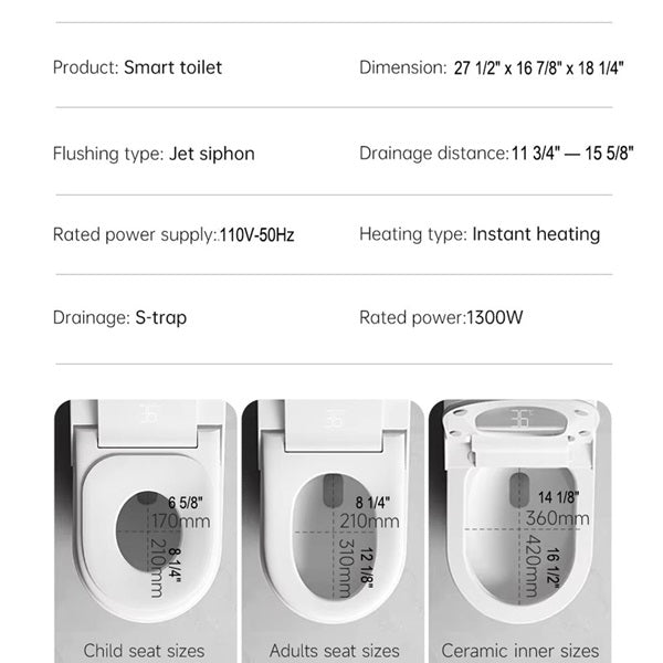 Smart toilet dimensions and features on a white background
