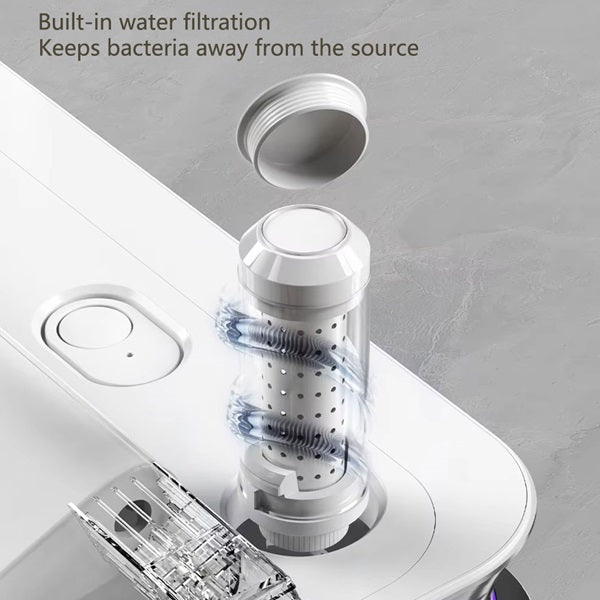 White water filtration device with text on a gray background