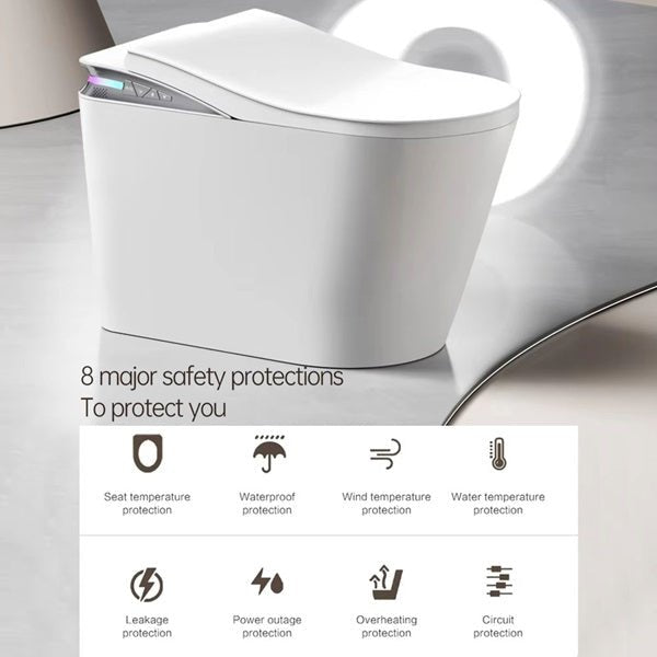 Modern toilet with safety features highlighted on a light gray background