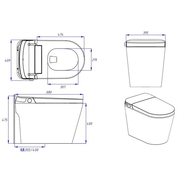 Technical drawing of a toilet with dimensions Annecy smart toilet