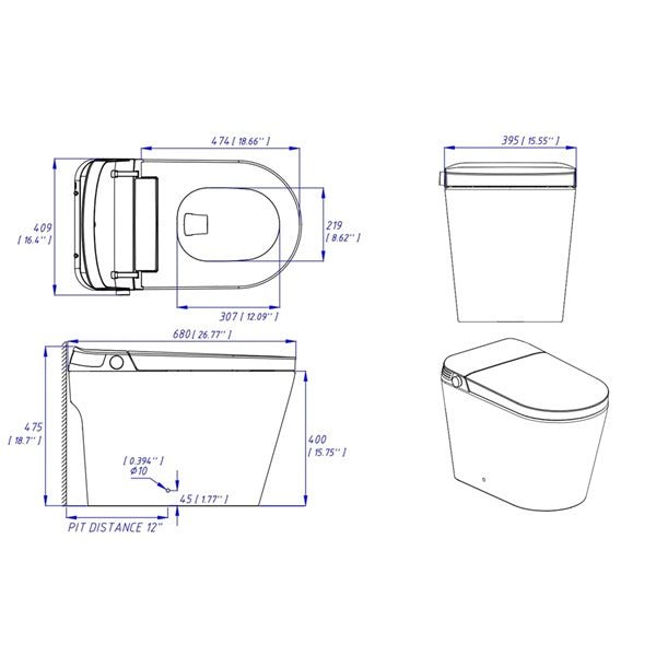 Technical drawing of a toilet with dimensions Annecy smart toilet